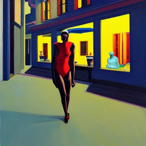 Prompt: a portrait painting of Grace Jones walking down a lit up street in the evening, in the style of Edward Hopper, 4k,