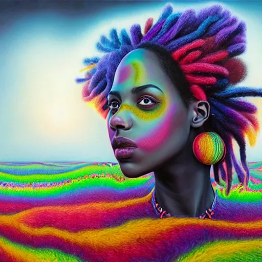 Image similar to a wide angle shot of a black girl with colorful dreadlocks in a field of candy, by Adi granov and afarin sajedi and amanda sage and evgeni gordiets and Agostino Arrivabene and adonna khare in a psychedelic portrait style, ultrarealistic matte painting, volumetric lighting, fractal, extremely symmetrical, highly detailed face, orisha, 8k, hd