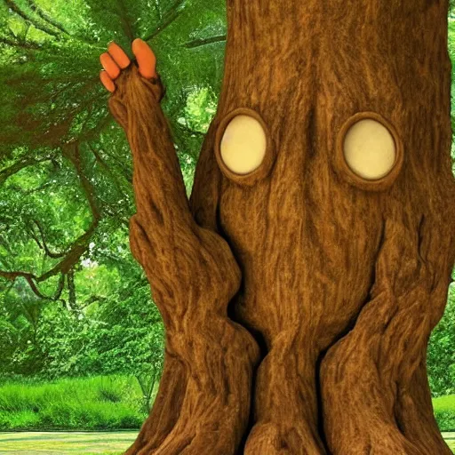 Prompt: an anthropomorphic tree waving his arms, the tree has a human like head