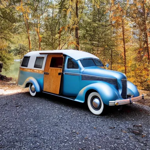 Prompt: photo of a 1 9 3 6 chrysler airstream parked at a lake