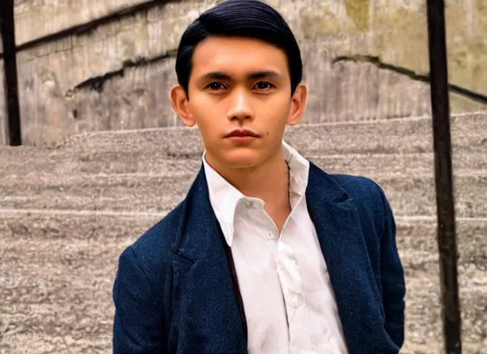 Image similar to outdoor medium close shot of a very very very very extremely handsome!!! good looking young man in 2 0 2 2 his face looks very very like jose rizal!!! hair like jose rizal, eyes like jose rizal and wearing modern clothes photo taken in 2 0 2 2, 3 5 mm f 1. 4 digital color photography