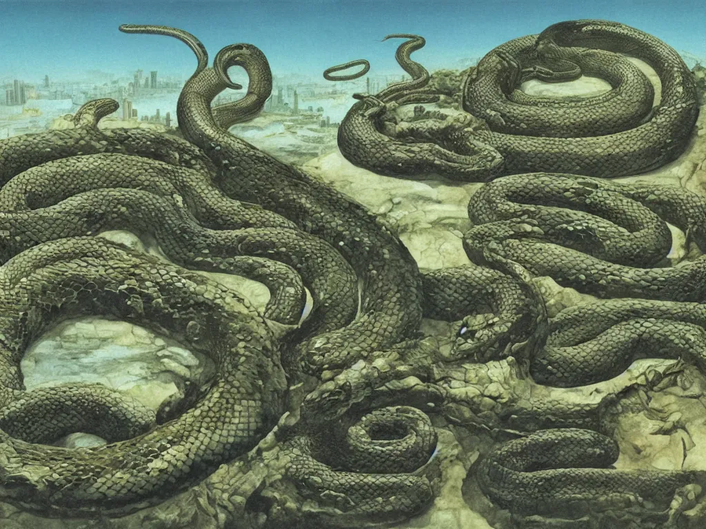 Prompt: Giant anaconda snake coiled around a large white cloud, above a deserted, post-apocalyptic city. Painting by Lucas Cranach, Roger Dean.