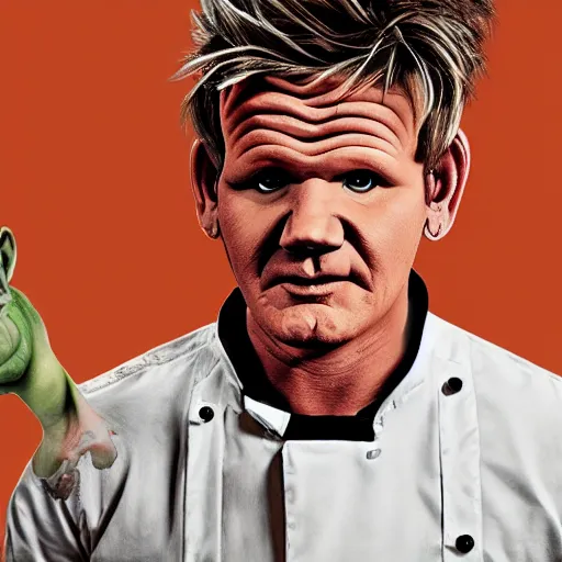 Image similar to Gordon Ramsay but as a goblin, realistic, detailed, in front of a kitchen backround