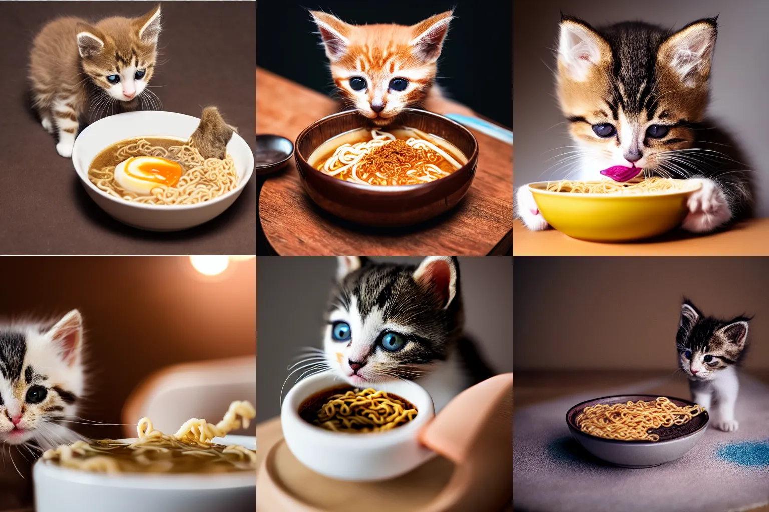 Prompt: a cute kitten eating ramen noodles from a bowl, award winning photography, studio lighting, 8k, 4k, ultrarealistic details