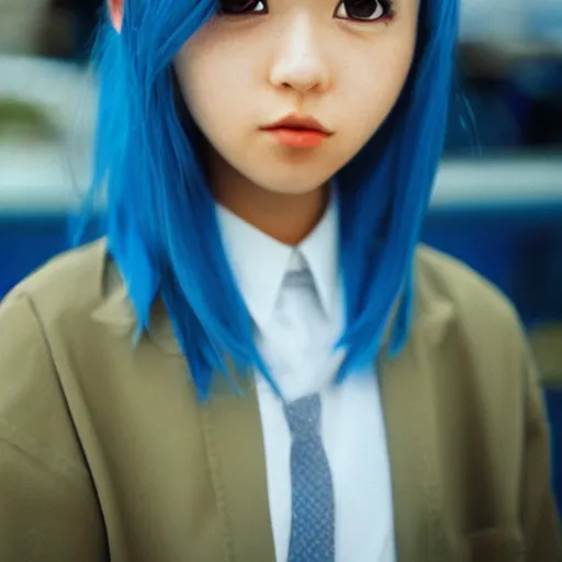 Prompt: a portrait on an anime character with bright blue hair. they have on a school uniform and their expression is softer than usual for this character. the background is blurred to keep the focus on the character. cinestill 8 0 0 t