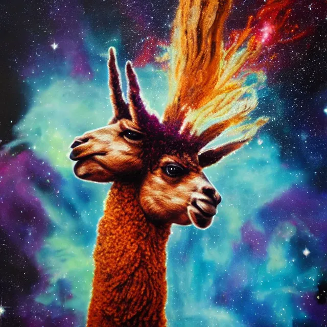 Image similar to llama with dreadlocks, depicted as an explosion of a nebula, 4 k, hyperrealistic painting