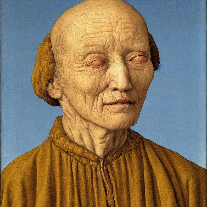 Image similar to close up frontal portrait of a dying old woman. thistle, clear gradient sky. jan van eyck