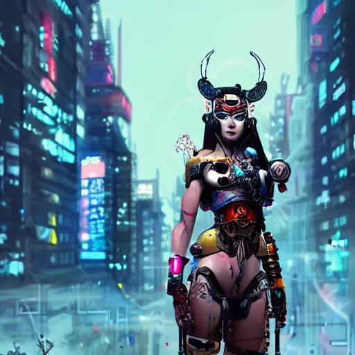 Prompt: A cyborg Valkyrie combined with a Geisha, in a cyberpunk city, concept art, art station, Award winning, unreal engine, 4K