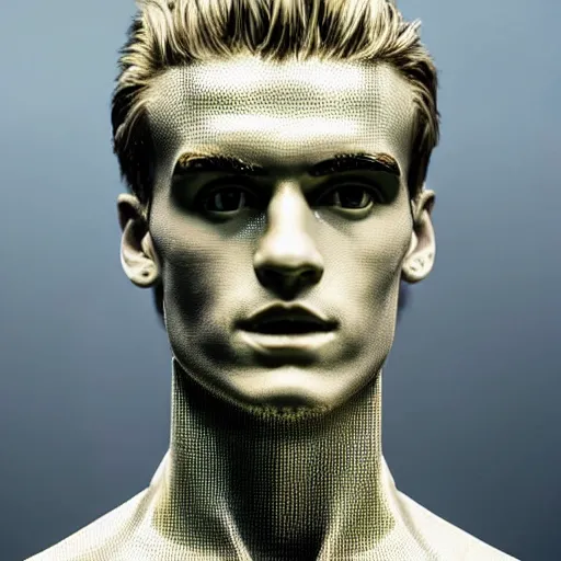 Image similar to “ a realistic detailed photo of a guy who is an attractive humanoid who is half robot and half humanoid, who is a male android, soccer player antoine griezmann, shiny skin, posing like a statue, blank stare, at the museum, on display ”