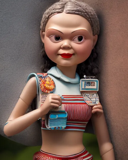 Image similar to closeup face profile portrait of a tin toy retro 1 9 5 0 s greta thunberg, bikini, depth of field, zeiss lens, fashion photoshoot by nicoletta ceccoli, mark ryden, lostfish, breathtaking, detailed and intricate environment, 8 k resolution, extremely detailed, beautiful, establishing shot, artistic, hyperrealistic, octane render