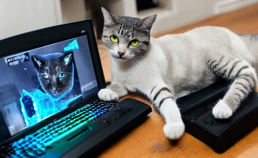 Image similar to a cat playing on a gaming computer, realistic, dark, rgb