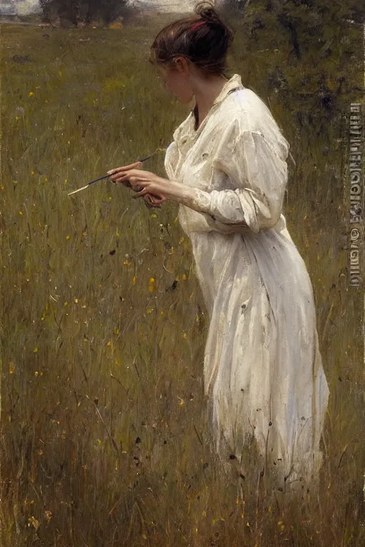 Image similar to Solomon Joseph Solomon and Richard Schmid and Jeremy Lipking painting full length portrait painting of a young woman working in the field