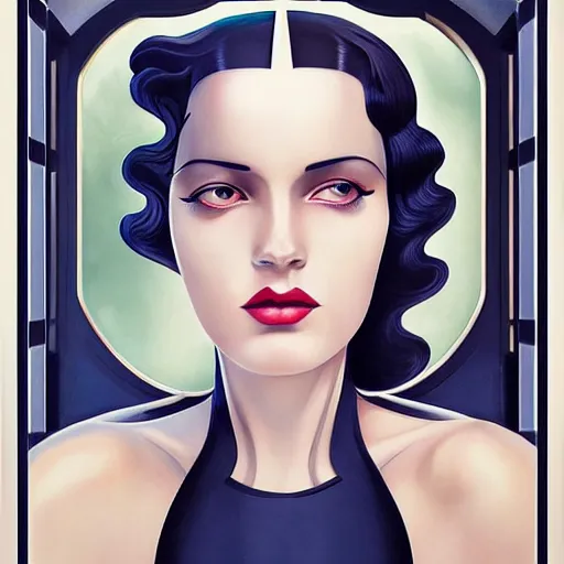 Image similar to an art deco, ( streamline moderne ), multi - racial portrait in the style of anna dittmann and charlie bowater and chanthara. very large, clear, expressive, and intelligent eyes. centered, ultrasharp focus, dramatic lighting, photorealistic digital matte painting, intricate symmetrical ultra detailed background.