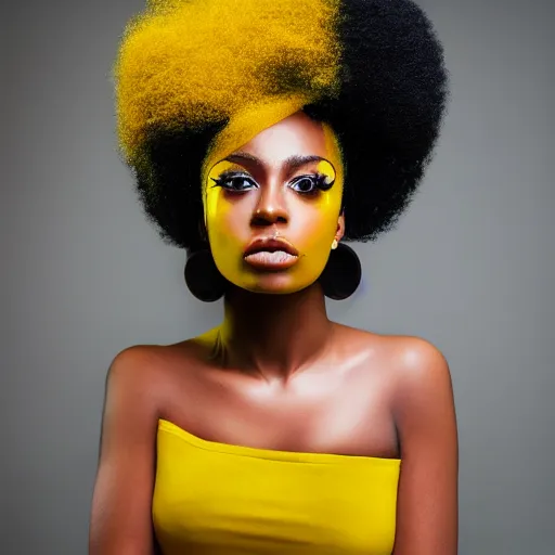 Image similar to a realistic model photoshoot of a black girl with yellow afro hair, beautiful, model, professional picture, realistic, 4 k, bright light, portrait