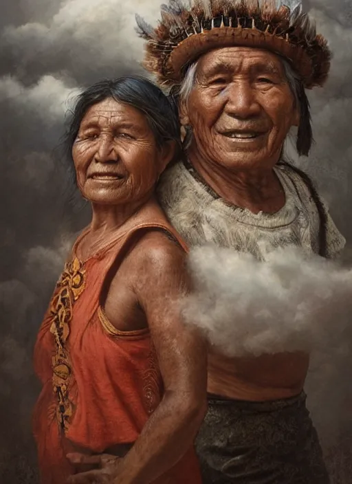 Prompt: portrait of an indigenous amazonian grandfather and grandmother in the clouds, smiling, protection, benevolence, ancestors, detailed faces, art by greg rutkowski