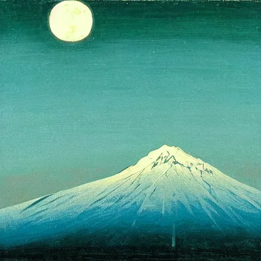 Image similar to mt elbrus at night, the moon refraction distorted edges, arkhip kuindzhi painting, teal palette