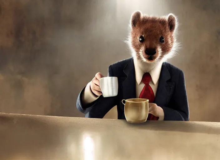 Image similar to A very high resolution image from a new movie, A Weasel wearing a suit drinks tea in a shabby Chinese room, surrounded by water vapor,beatiful backgrounds,dramatic Lighting, directed by hao ning