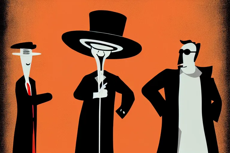 Prompt: poster matte shaded illustration of two donald trumps wearing trench coats and big floppy black spy hats starring in spy vs spy