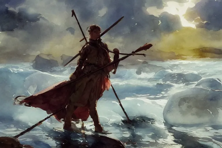 Image similar to watercolor painting of scandinavian mythology, magical, ambient lighting, art by hans gude, art by hans dahl, by jesper ejsing, art by anders zorn, wonderful masterpiece by greg rutkowski, cinematic light, american romanticism by greg manchess, creation by tyler edlin, heavy clouds and sun