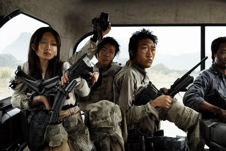 Image similar to movie diverse interracial team of Japanese robbers armed with rifles interior clean futuristic tactical van, beautiful skin, Symmetrical faces. natural lighting by Emmanuel Lubezki