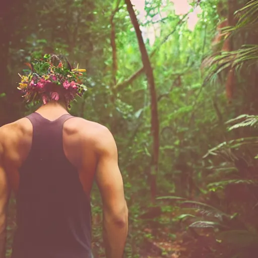 Image similar to close up kodak portra 4 0 0 photograph of a skinny guy standing in a dark exotic jungle, back view, flower crown, moody lighting, telephoto, 9 0 s vibe, blurry background, vaporwave colors, faded!,