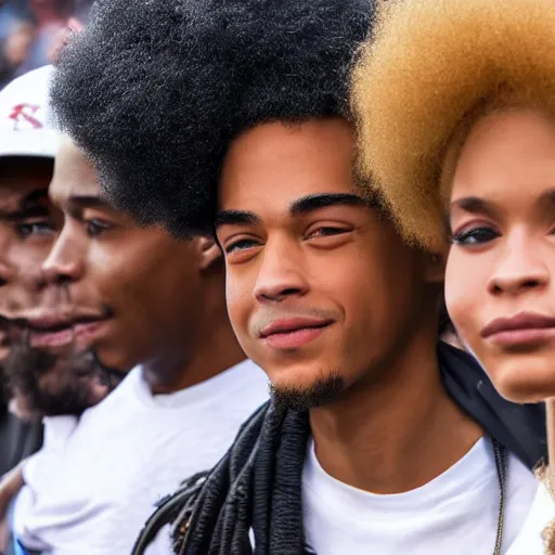 Image similar to Live Action Still of the cast of The Boondocks attending a college homecoming game, real life, hyperrealistic, ultra realistic, realistic, highly detailed, epic, HD quality, 8k resolution, body and headshot, film still