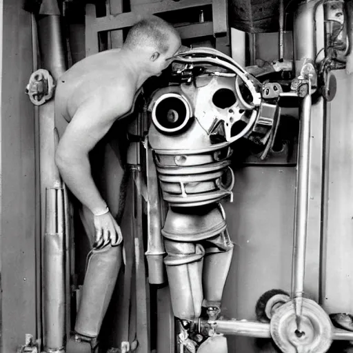 Prompt: photo. partially mechanical man. 1 9 4 2