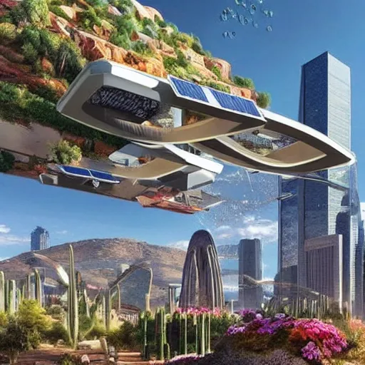 Image similar to a very beautiful eco - friendly environmental future!!! city cityscape, ( flying cars ) and elevated!! trains and solar power, lots of desert plants and flowers, sunrise, style of olidon redon