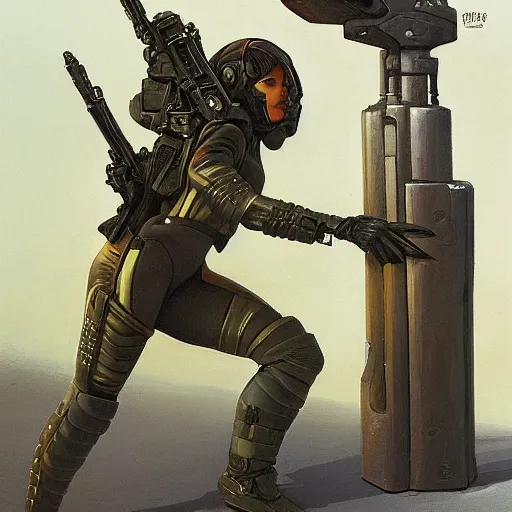 Prompt: female Scifi soldier gets ready, by Gerald Brom