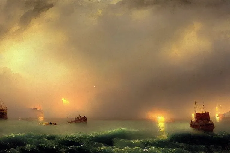 Prompt: A beautiful painting of port town during thunderstorm by Ivan aivazovsky and greg rutkowski