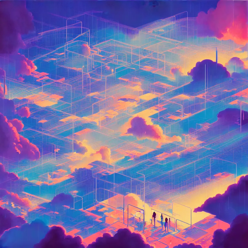 Image similar to illustration of a data-center architecture schema, connector, firewall, cloud, security, datastream or river, painting by Jules Julien, Leslie David and Lisa Frank and Peter Mohrbacher and Alena Aenami and Dave LaChapelle muted colors with minimalism