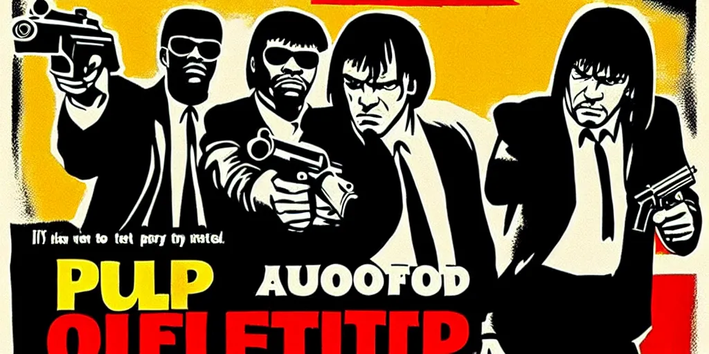 Prompt: pulp fiction poster, gun, motorcycle, poster style,