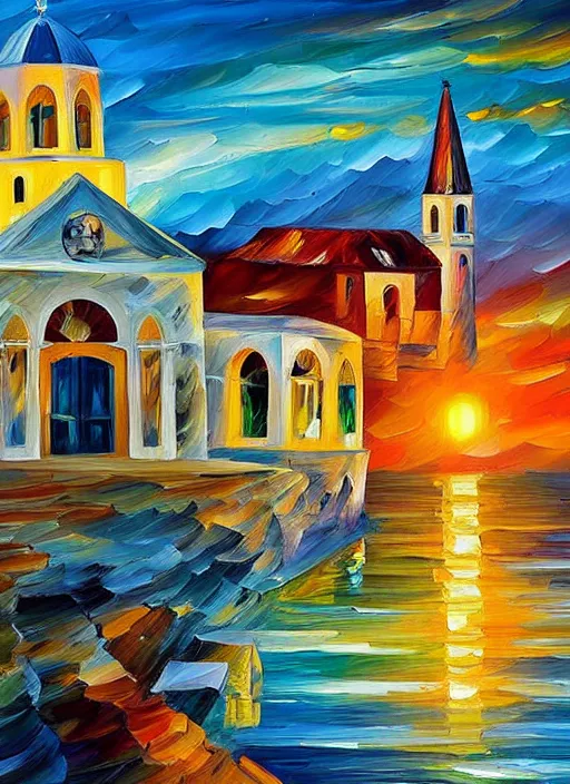 Prompt: beautiful seaside greek village and chapel at sunset in the style of leonid afremov