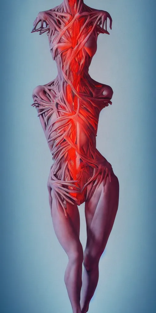 Image similar to poster design, full body anatomical model, 3 d photographic render of a deconstructed asymmetric human anatomical correct human body, in hoc signo vinces, waterfall, in the style of leonora carrington, gottfried helnwein, intricate composition, blue light by caravaggio, insanely quality, highly detailed, masterpiece, red light, artstation
