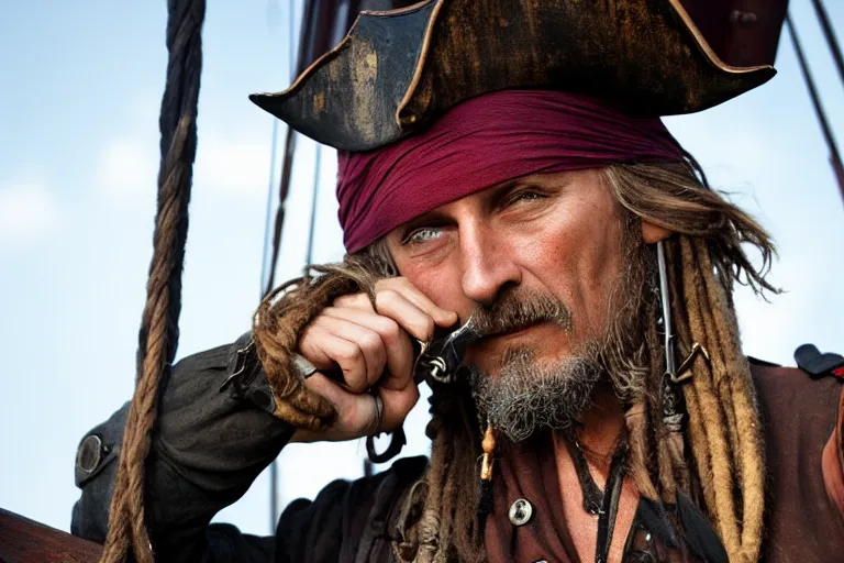 Prompt: closeup old pirate with a flintlock pistol on an old pirate ship, by emmanuel lubezki