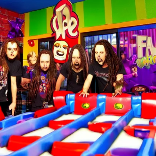 Prompt: “KoRn performing at a Chuck E Cheese, photorealistic”