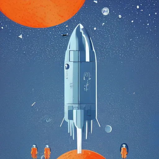 Prompt: blue v2 rocket in space, orange fruit as a planet, intricate sci-fi poster by Denis Villeneuve