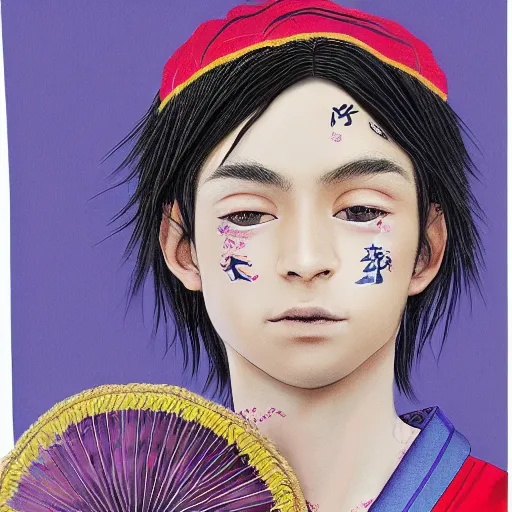 Image similar to teenager boy with straight indigo hair, purple eyes with red eye markers, slim body, wearing a detailed Japanese kimono, holding a japanese fan, Super-Resolution, HSL, 2-bit, VR, Uniform, Nano, Senary, RTX, insanely detailed and intricate, hypermaximalist, elegant, ornate, hyper realistic, super detailed, full body, full body shot, full image