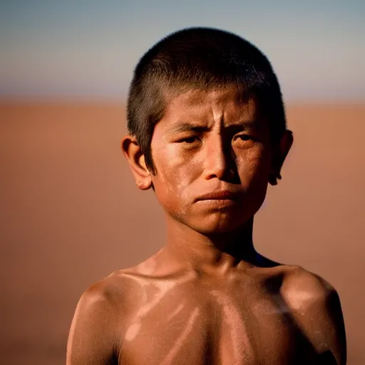 Image similar to photos of indigenous boy staring into the camera, distended abdomen, standing on a salt flat, highly detailed, muted colors, by national geographic