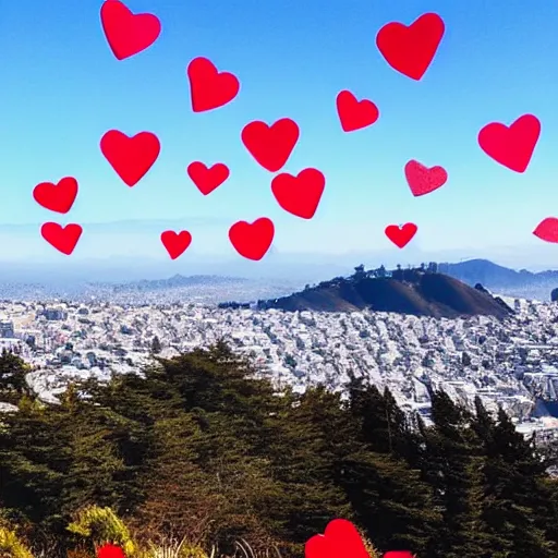 Image similar to “happy photo of twin peaks in San Francisco on a clear sunny day, surrounded by hearts in the sky”