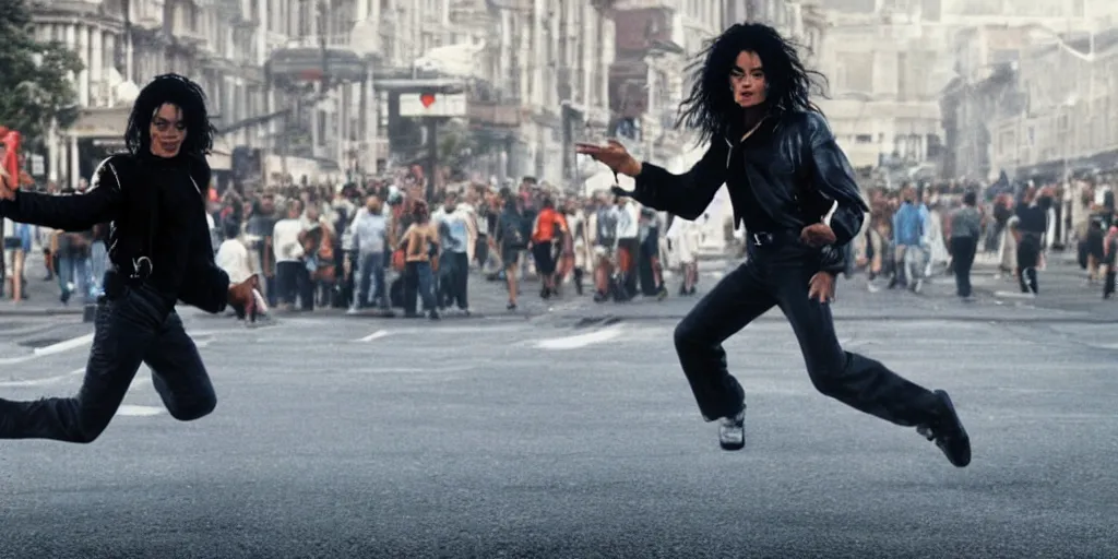 Image similar to leaked photo of Michael Jackson running down street by himself, alone, big crowd, ultra realistic, 4K, movie still, UHD, sharp, detailed, cinematic, render, modern