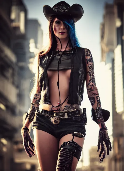 Image similar to full body realistic photograph of a cyberpunk cowgirl beautiful face, intricate clothing, 4 k, cinematic