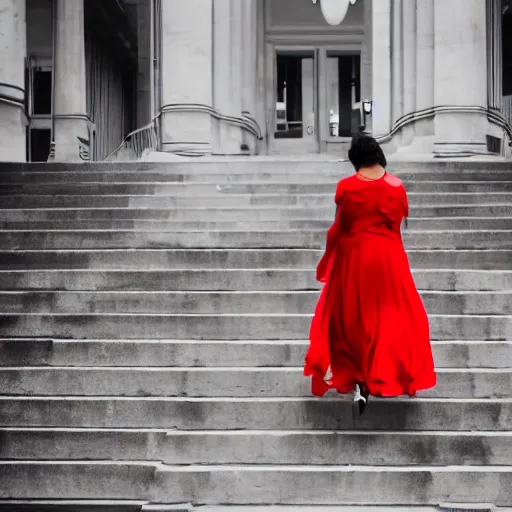 Image similar to a girl in a red dress walking up stairs