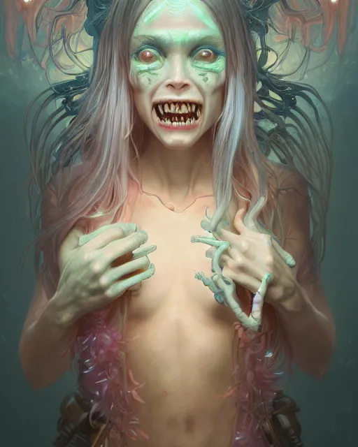 Prompt: portrait of a cute female fangtooth, bioluminescent, veins, horror, happy, highly detailed, digital painting, cinematic, hyperrealism, dark retrowave, art by stanley lau and artgerm and magali villeneuve and alphonse mucha, artstation, octane render, cgsociety