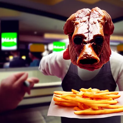 Image similar to photograph of a man with a steak head begging for food at mc donalds, 8k resolution, high detail, ULTRA REALISTIC VFX, reflections