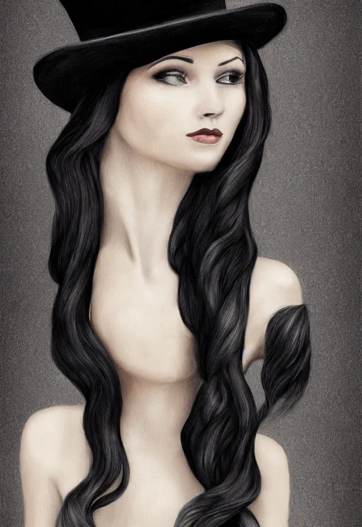 Image similar to elegant long hair lady wearing gentleman suit and tophat portrait photorealism noir