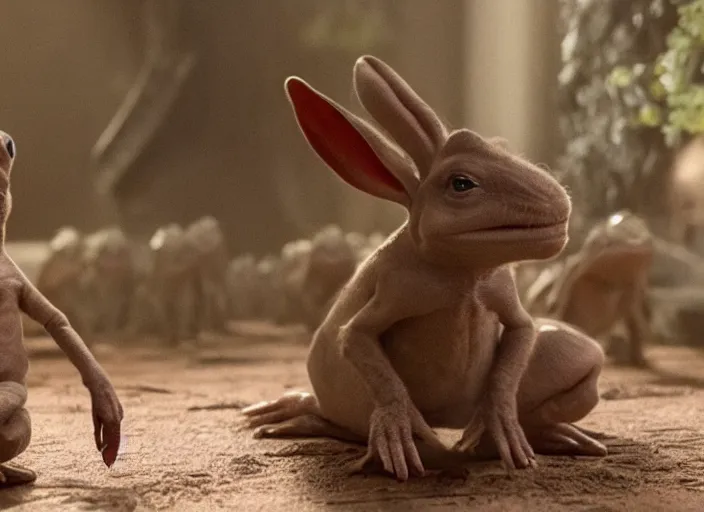 Prompt: handsome muscular kermit confronts an army of bunny rabbits film still directed by denis villeneuve