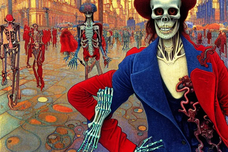 Image similar to realistic detailed closeup portrait painting of a single skeleton wearing red velvet blazer in a crowded futuristic moscow street by Jean Delville, Amano, Yves Tanguy, Alphonse Mucha, Ernst Haeckel, Edward Robert Hughes, Roger Dean, rich moody colours, blue eyes