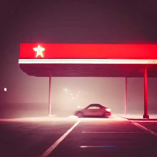 Image similar to “soviet gas station, fog, night, red lights, digital photography”