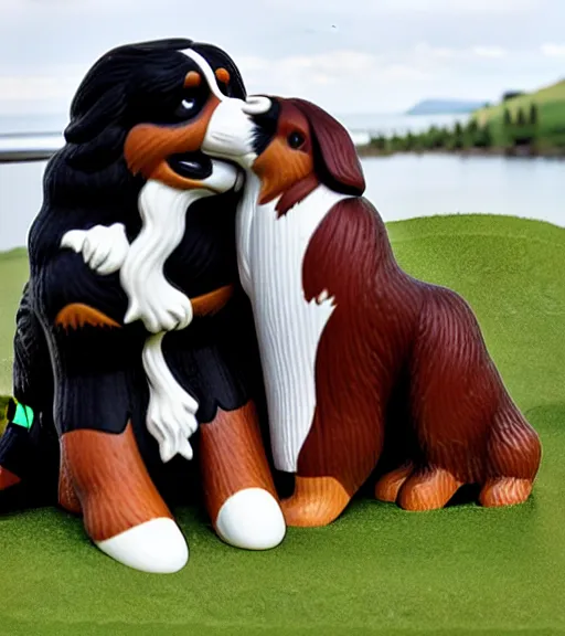 Image similar to a bernese mountain dog sitting next to a person, the person is a small toy figurine, the dog is a large large dog